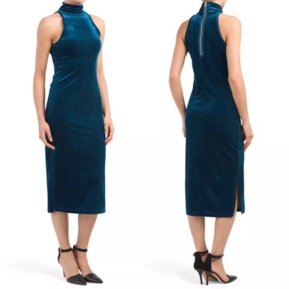 Torn Ronny Kobo Womens Larissa Teal Velvet Midi Dress Bodycon Mock Neck size S